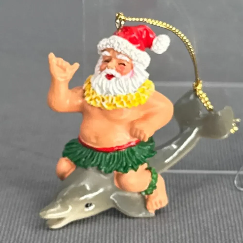 VTG 1991 Hallmark Quinn Surfing Dolphin & Fishing Santa Ornaments Lot 2 Kitschy